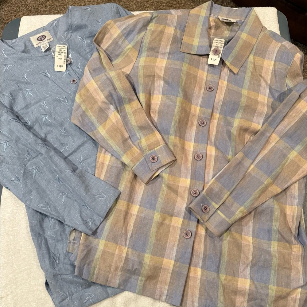 Vintage Modern Woman Shirts - Lot Of 2, Blue Floral and Pastel Plaid. Size 18/20